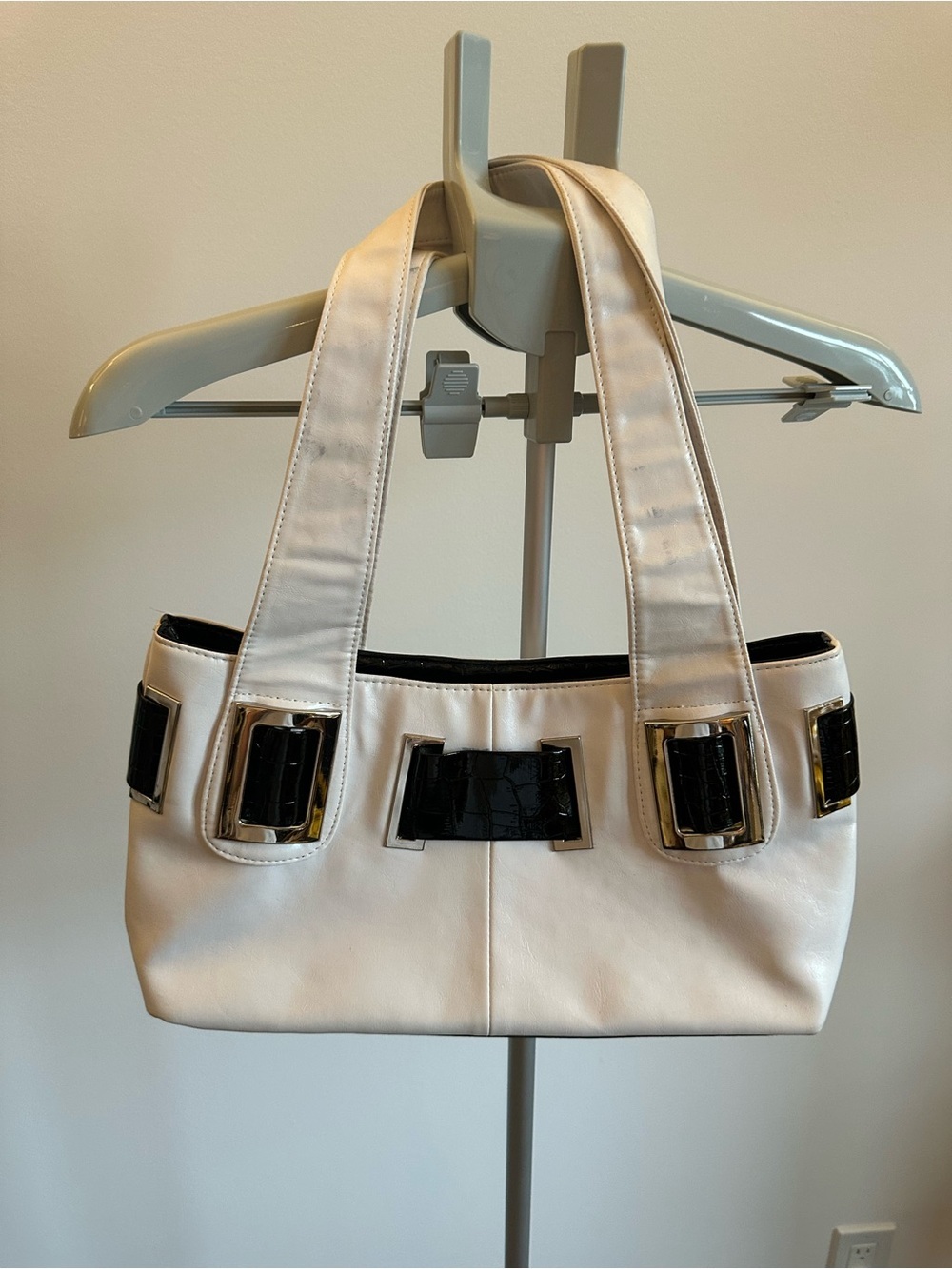 White Leather-Style Shoulder Bag with Black Accent Details